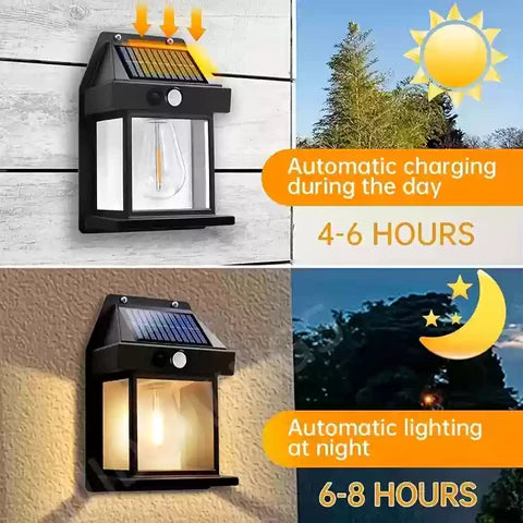 ENARA Solar Wall Light Outdoor | Motion Sensor Auto On/Off | Waterproof LED Sconce Security Lamp | Solar Chargeable Exterior Light for Front Porch, Garden, Patio & Balcony — Black, Warm Yellow (Pack of 1)