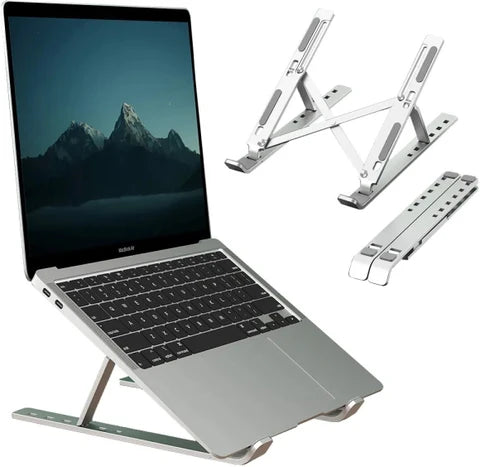 6-Angle Adjustable Aluminium Foldable Laptop Stand | Portable Ergonomic Tabletop Desk Stand for Laptop & Desktop | Anti-Slip Heat Dissipation Riser for Home, Office & Study — Black (Free Size)