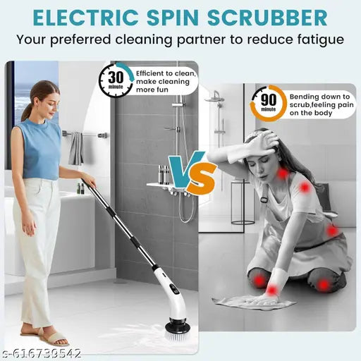 9-in-1 Electric Spin Scrubber with LED Display | Cordless Power Cleaning Brush with 8 Replaceable Heads & Adjustable Extension Handle | 2-Speed Electric Bathroom, Floor & Tile Scrubber — Multicolor (Free Size)