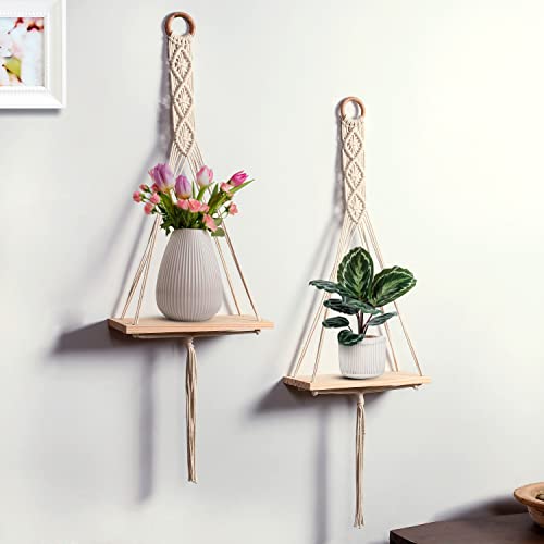Boho Macrame Wall Hanging Shelf Set of 2 | Wooden Floating Hanging Storage Shelf Organizer | Handcrafted Plant Holder & Wall Decor for Bedroom, Living Room & Balcony — Cream/Natural (Free Size)
