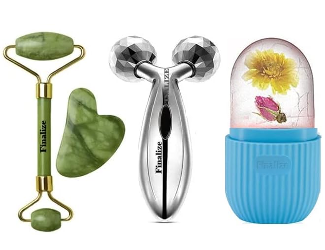 5-in-1 Face Massage Roller Set | Jade Stone Roller + Gua Sha + 3D Face Roller + Ice Roller + Ice Cube Roller | Complete Facial Skincare Combo for Glowing Skin — For Women & Men (Reusable)