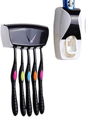 Automatic Toothpaste Dispenser with Toothbrush Holder | Wall-Mounted Anti-Dust Family Bathroom Organizer | Holds 5 Brushes | No-Touch Squeeze Toothpaste Stand for Home & Kids — Multicolor (Pack of 1)
