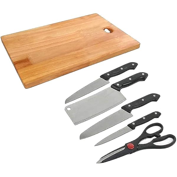 Stainless Steel Kitchen Knife Set with Wooden Chopping Board | Pack of 6 — Chef Knife, Cleaver, Bread Knife, Utility Knife, Paring Knife & Kitchen Scissors | Sharp Professional Knives for Home Kitchen — Beige (Free Size)