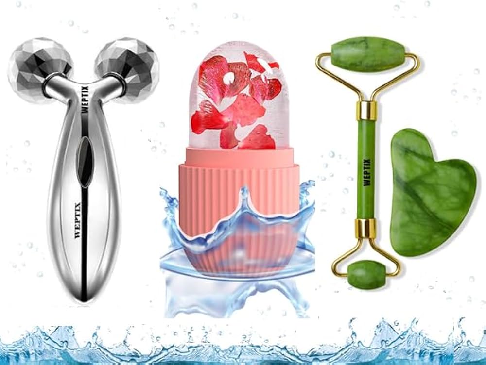 5-in-1 Face Massage Roller Set | Jade Stone Roller + Gua Sha + 3D Face Roller + Ice Roller + Ice Cube Roller | Complete Facial Skincare Combo for Glowing Skin — For Women & Men (Reusable)