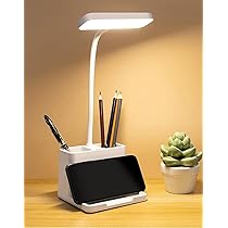 4-in-1 Rechargeable LED Desk Lamp with Phone Stand & Pen Holder | USB Charging Port | Flexible Neck Eye Protection Light for Study, Office & Home — White (Free Size)