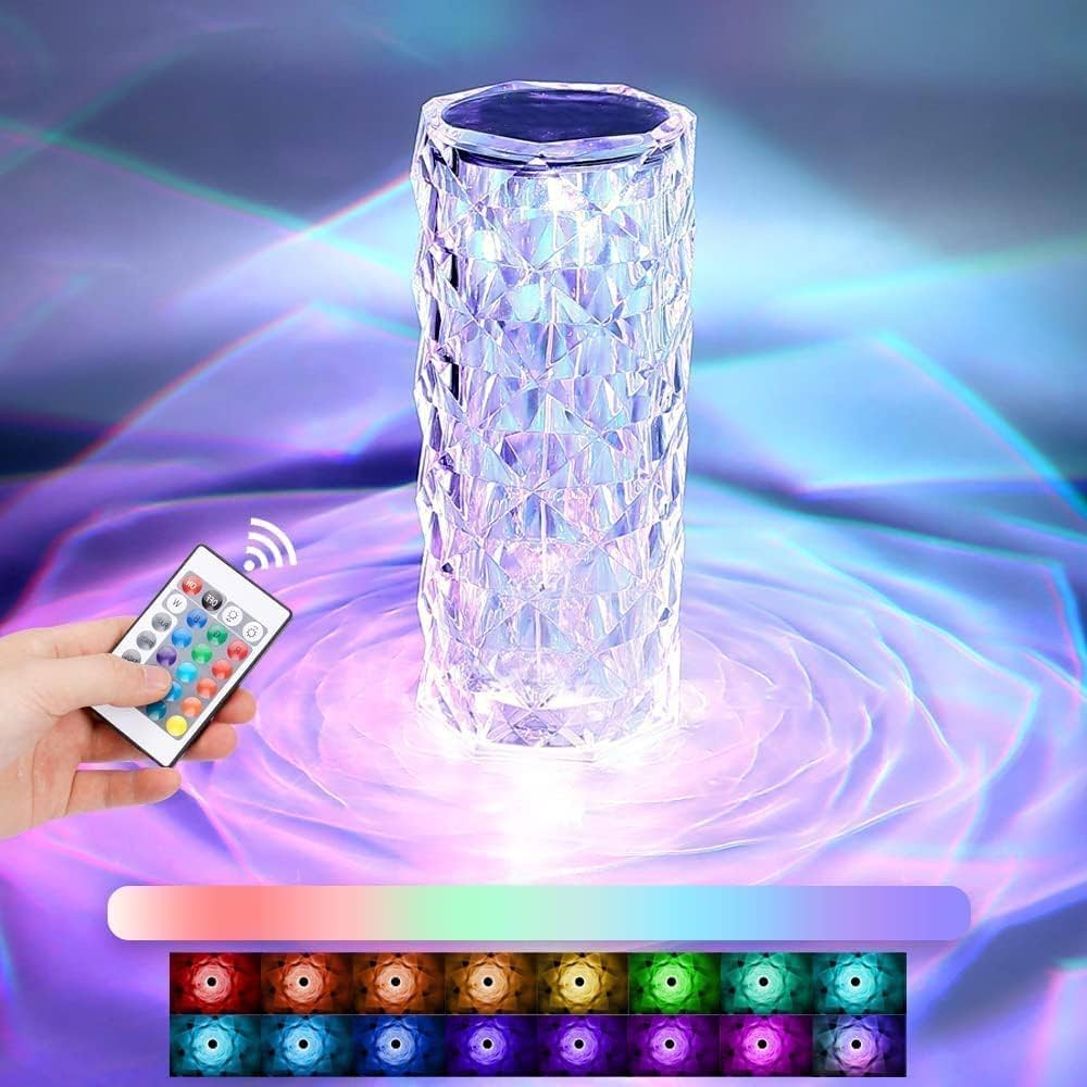 Rose Crystal Diamond Table Lamp | 16 Colors RGB with Touch & Remote Control | USB Rechargeable Decorative Acrylic Night Light | Atmosphere Lamp for Living Room, Bedroom & Bar — Multicolor
