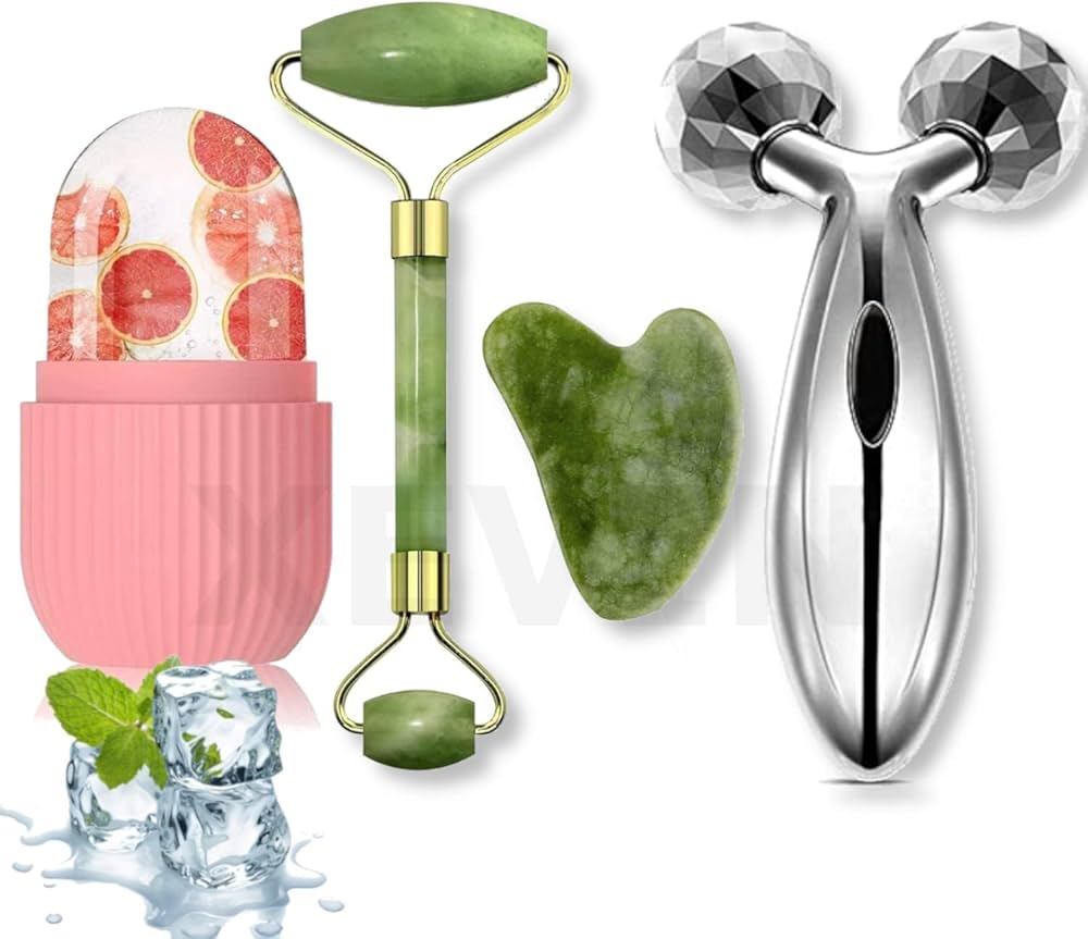 5-in-1 Face Massage Roller Set | Jade Stone Roller + Gua Sha + 3D Face Roller + Ice Roller + Ice Cube Roller | Complete Facial Skincare Combo for Glowing Skin — For Women & Men (Reusable)