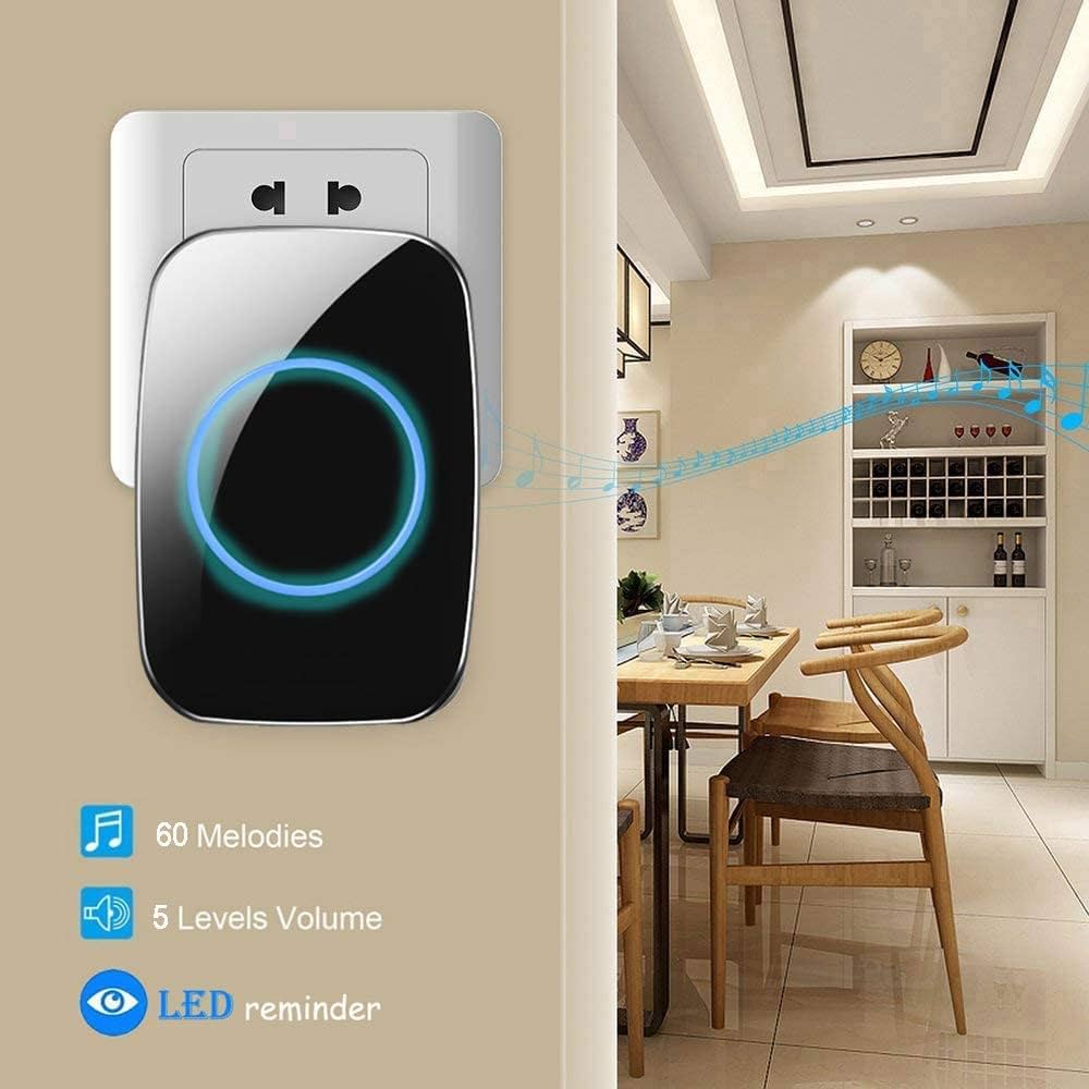 Wireless Doorbell Kit | Waterproof Door Bell with 1000 Feet Range | 60 Chime Tones & 5 Volume Levels | LED Flash Alert for Home, Office & Classroom — Black, Rechargeable (Free Size)