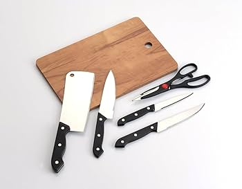 Stainless Steel Kitchen Knife Set with Wooden Chopping Board | Pack of 6 — Chef Knife, Cleaver, Bread Knife, Utility Knife, Paring Knife & Kitchen Scissors | Sharp Professional Knives for Home Kitchen — Beige (Free Size)