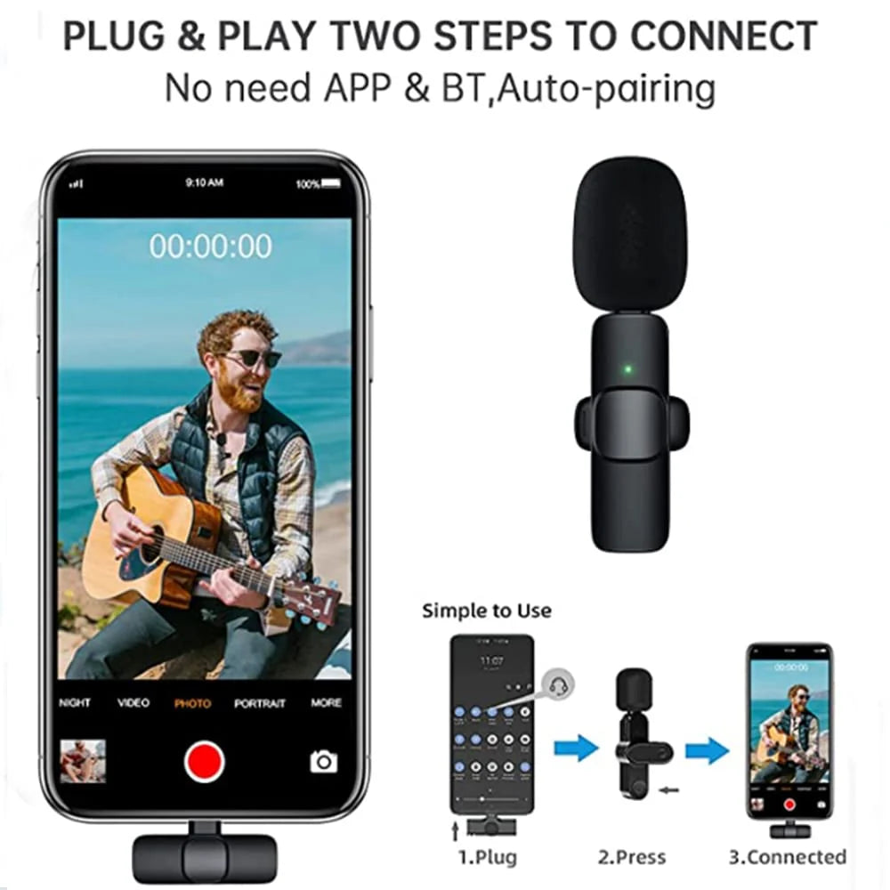 K8 2.4GHz Wireless Lavalier Microphone 2-in-1 | Mini Clip-On Digital Recording Mic | Type-C & Lightning Compatible | For Mobile, Camera & Laptop | Vlogging, Interviews & Live Streaming (Black)