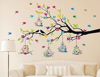 Decorative Tree Branch Wall Sticker with Colorful Birds & Birdcage | Large Multicolour Wall Art Decal for Living Room, Bedroom & Kids Room (100 cm × 60 cm)