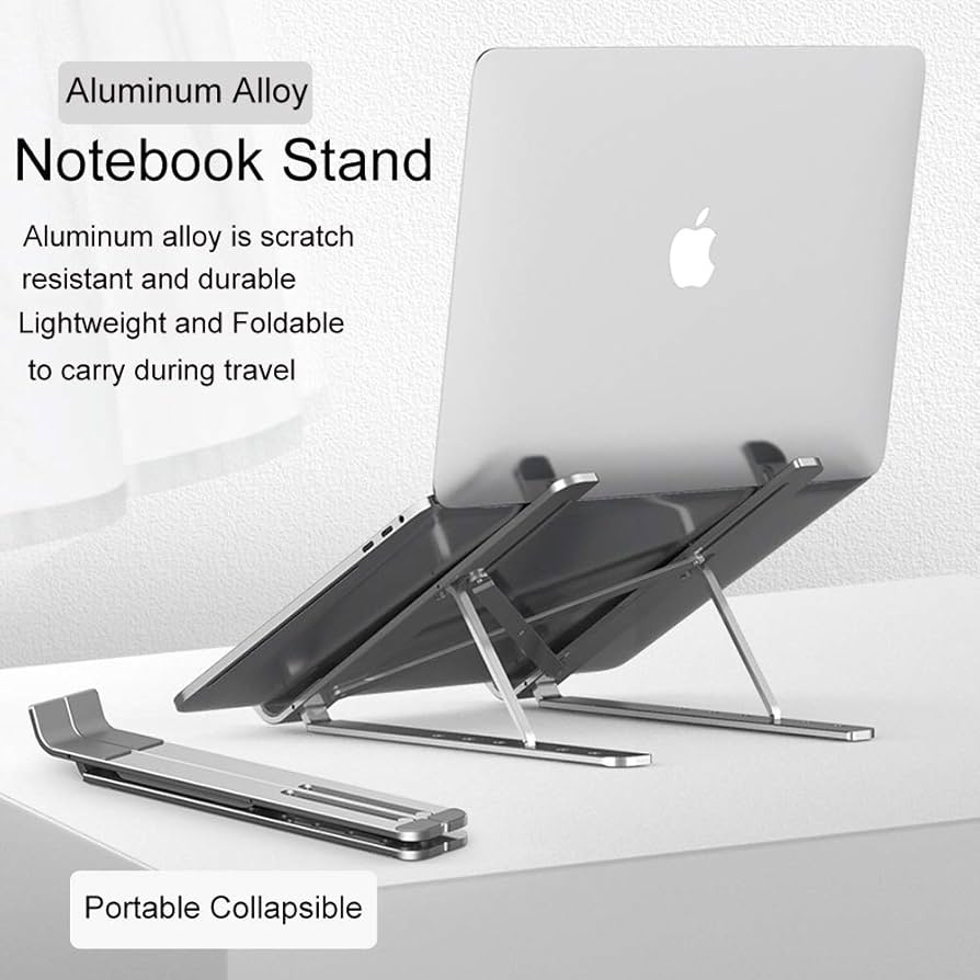 6-Angle Adjustable Aluminium Foldable Laptop Stand | Portable Ergonomic Tabletop Desk Stand for Laptop & Desktop | Anti-Slip Heat Dissipation Riser for Home, Office & Study — Black (Free Size)