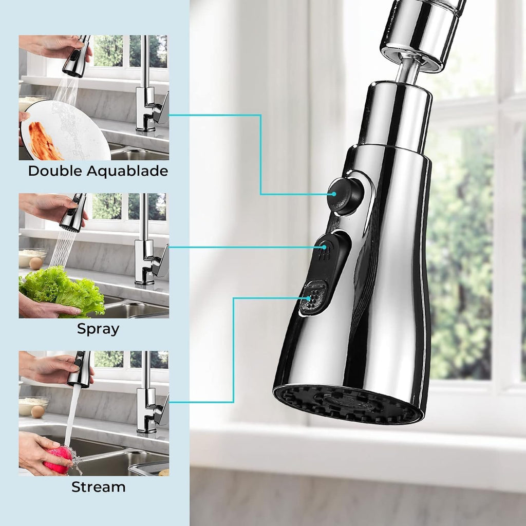 360° Rotating Kitchen Faucet Sprayer Attachment – 3 Mode Water Saving Tap Extender for Sink | Anti Splash Pull Down Faucet Head (Silver)