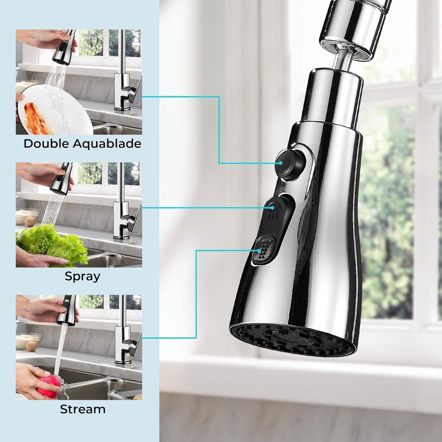 360° Rotating Kitchen Faucet Sprayer Attachment – 3 Mode Water Saving Tap Extender for Sink | Anti Splash Pull Down Faucet Head (Silver)
