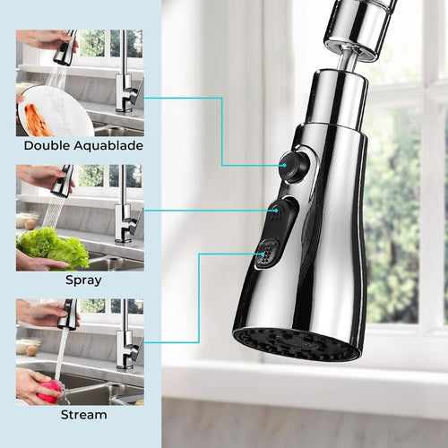 360° Rotating Kitchen Faucet Sprayer Attachment – 3 Mode Water Saving Tap Extender for Sink | Anti Splash Pull Down Faucet Head (Silver)