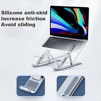 6-Angle Adjustable Aluminium Foldable Laptop Stand | Portable Ergonomic Tabletop Desk Stand for Laptop & Desktop | Anti-Slip Heat Dissipation Riser for Home, Office & Study — Black (Free Size)