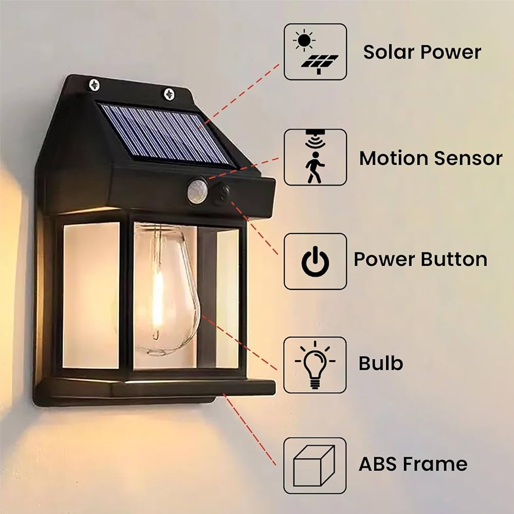 ENARA Solar Wall Light Outdoor | Motion Sensor Auto On/Off | Waterproof LED Sconce Security Lamp | Solar Chargeable Exterior Light for Front Porch, Garden, Patio & Balcony — Black, Warm Yellow (Pack of 1)