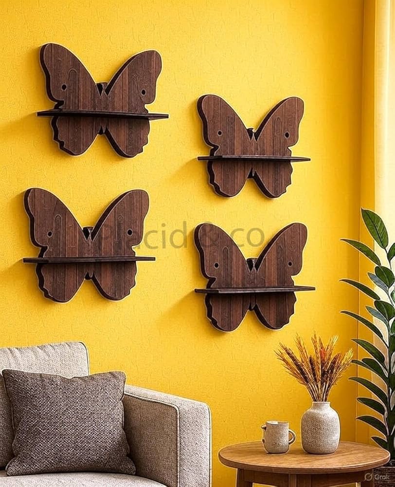 Wooden Butterfly Wall Shelves for Home Decor | Set of 4 Wall Mount Storage & Display Rack | Floating Butterfly Shelf for Living Room, Bedroom & Kids Room — Brown (Free Size)
