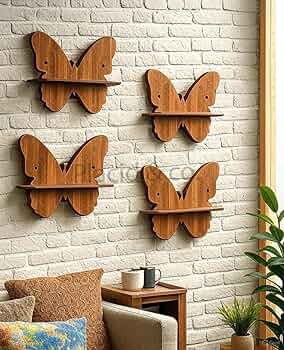 Wooden Butterfly Wall Shelves for Home Decor | Set of 4 Wall Mount Storage & Display Rack | Floating Butterfly Shelf for Living Room, Bedroom & Kids Room — Brown (Free Size)