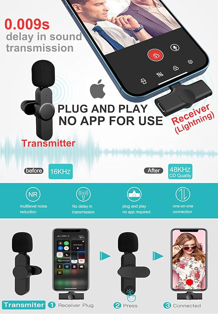 K8 2.4GHz Wireless Lavalier Microphone 2-in-1 | Mini Clip-On Digital Recording Mic | Type-C & Lightning Compatible | For Mobile, Camera & Laptop | Vlogging, Interviews & Live Streaming (Black)