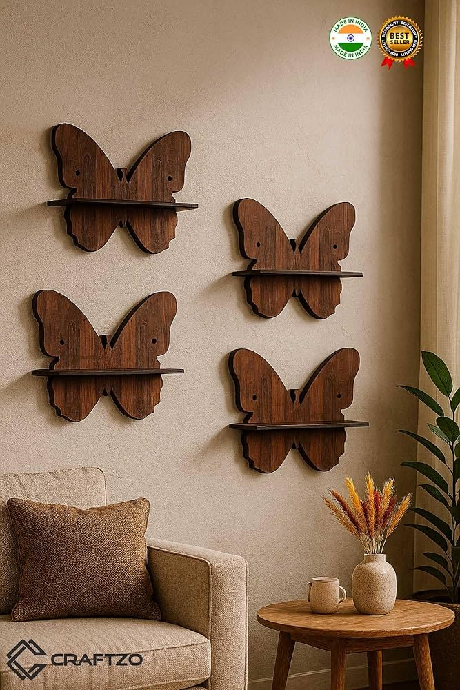 Wooden Butterfly Wall Shelves for Home Decor | Set of 4 Wall Mount Storage & Display Rack | Floating Butterfly Shelf for Living Room, Bedroom & Kids Room — Brown (Free Size)