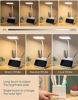 4-in-1 Rechargeable LED Desk Lamp with Phone Stand & Pen Holder | USB Charging Port | Flexible Neck Eye Protection Light for Study, Office & Home — White (Free Size)