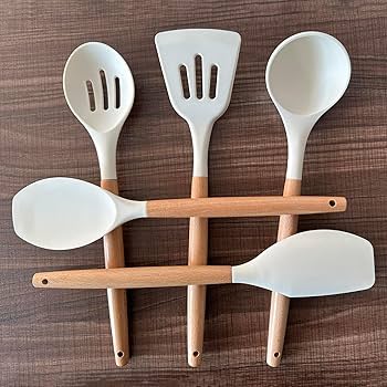 5-Piece Premium Silicone Kitchen Utensil Set with Wooden Handle | Heat-Resistant, Non-Stick & Ergonomic Cooking Tools for Kitchen