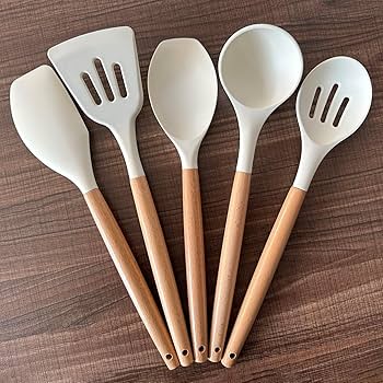 5-Piece Premium Silicone Kitchen Utensil Set with Wooden Handle | Heat-Resistant, Non-Stick & Ergonomic Cooking Tools for Kitchen