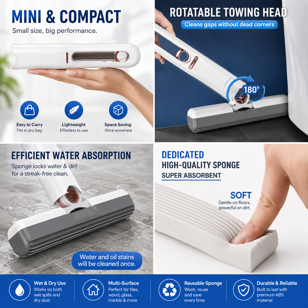 Mini Self-Squeeze Sponge Mop – Portable Handheld Cleaning Mop for Kitchen, Floor, Glass, Windows, Car & Bathroom | Wet & Dry Use