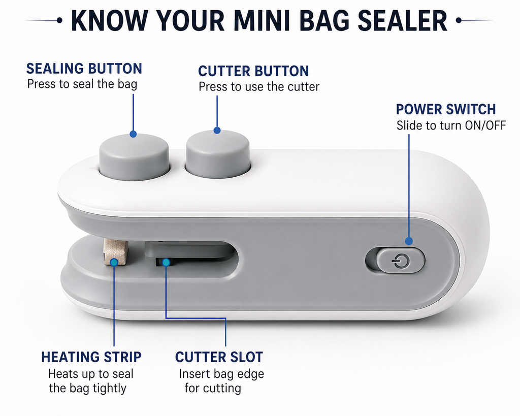 Portable Plastic Bag Sealing Machine | Construx Mini Bag Sealer with Cutter and Magnet