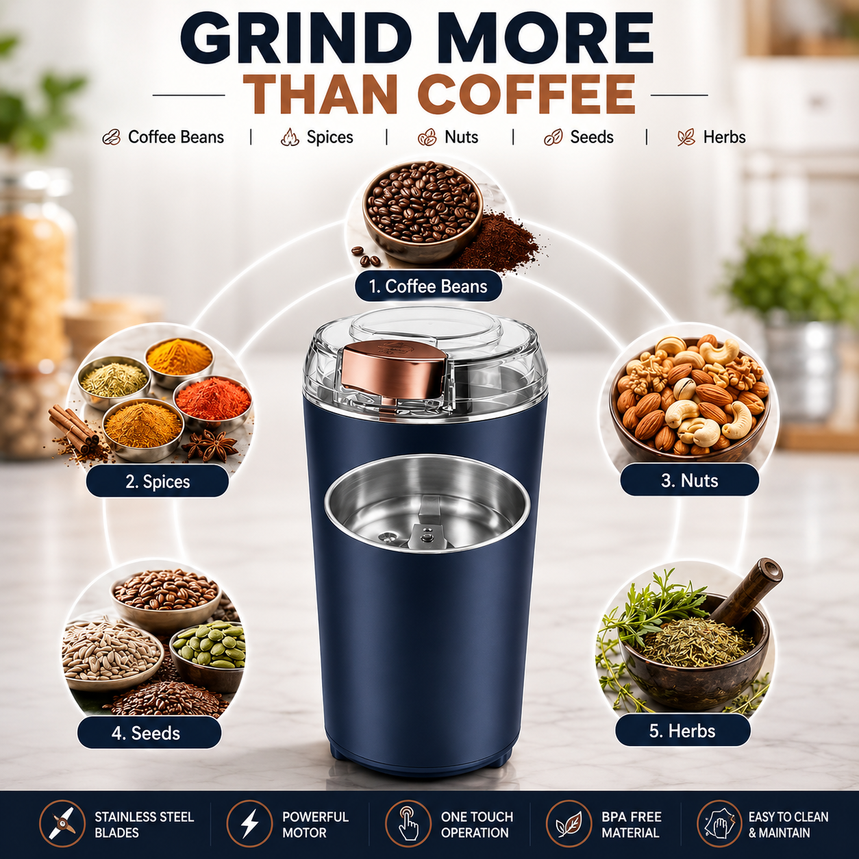 Mini Electric Multipurpose Grinder for Kitchen | Mini Masala, Coffee Bean & Dry Fruit Grinder