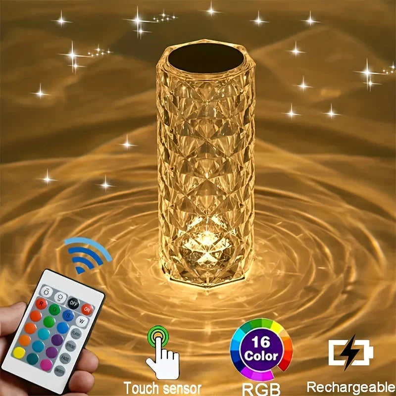 Rose Crystal Diamond Table Lamp | 16 Colors RGB with Touch & Remote Control | USB Rechargeable Decorative Acrylic Night Light | Atmosphere Lamp for Living Room, Bedroom & Bar — Multicolor