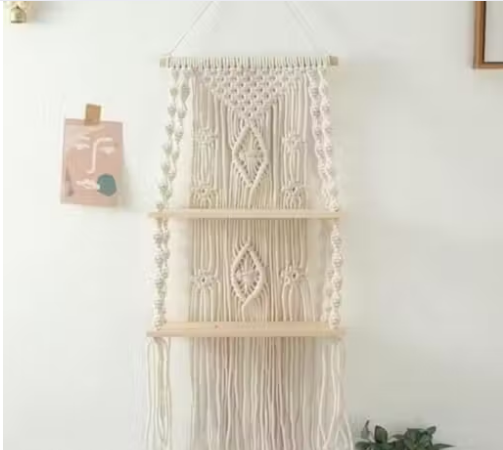 Macrame Hanging Wall Shelf with Wooden Planks | Boho Floating Shelf for Living Room, Bedroom & Balcony — Plant Holder, Wall Decor & Storage | Handcrafted Sustainable Design (White)