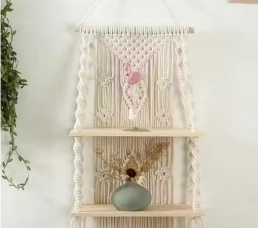Macrame Hanging Wall Shelf with Wooden Planks | Boho Floating Shelf for Living Room, Bedroom & Balcony — Plant Holder, Wall Decor & Storage | Handcrafted Sustainable Design (White)