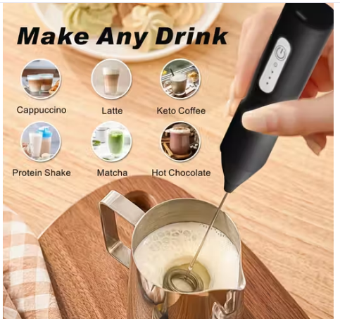 Electric Milk Frother & Coffee Frother | USB Type-C Rechargeable Handheld Foam Maker for Cappuccino, Latte & Egg Whisking | Stainless Steel Electric Blender Mixer — Black (Pack of 1)