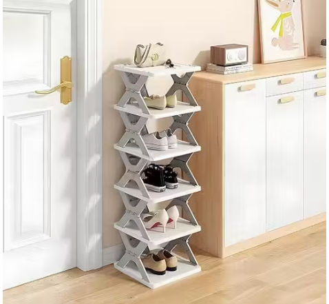 6-Layer Foldable Shoe Rack with Cover | Portable Plastic Shoe Organizer Stand for Home, Bedroom & Living Room | Space-Saving Shoes & Slippers Storage Rack — Free Size (Multi)