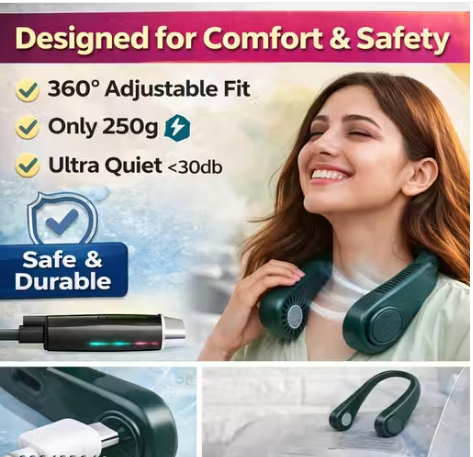 Portable Neck Fan Rechargeable | Bladeless Hands-Free Wearable Cooling Fan | 360° Adjustable USB Personal Fan for Men, Women & Kids — Travel, Office, Gym & Outdoor Summer Cooler (Multicolor)