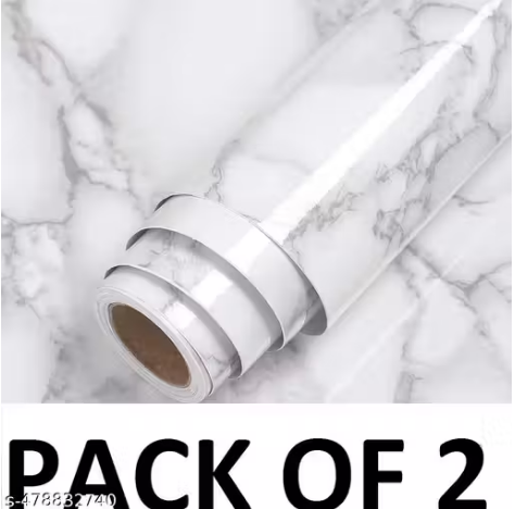 White Marble Self-Adhesive Wallpaper Roll | Pack of 2 | Waterproof Vinyl Peel & Stick Wall Paper for Furniture, Wardrobe, Kitchen, Bathroom & Desktop | DIY Home Decor Wall Sticker — White Marble (Free Size)