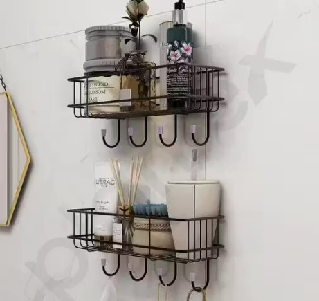 Pack of 2 Self-Adhesive Wall Shelf with Hooks | Multipurpose Bathroom & Kitchen Organizer