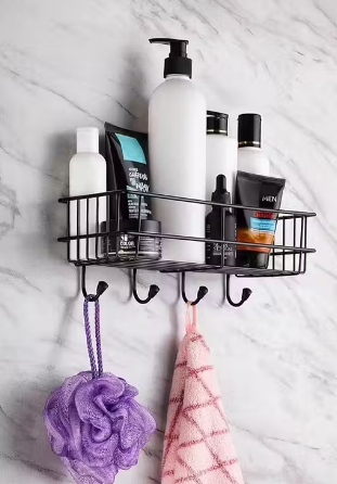 Pack of 2 Self-Adhesive Wall Shelf with Hooks | Multipurpose Bathroom & Kitchen Organizer