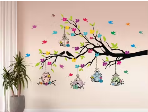 Decorative Tree Branch Wall Sticker with Colorful Birds & Birdcage | Large Multicolour Wall Art Decal for Living Room, Bedroom & Kids Room (100 cm × 60 cm)