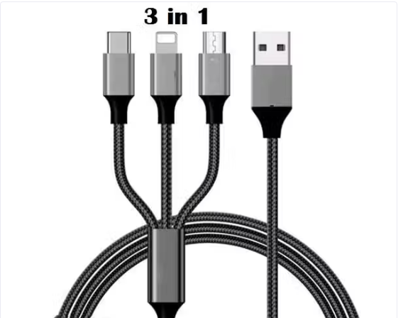 3-in-1 Nylon Braided Fast Charging Cable 1 Meter | Micro USB + Type-C + iOS Compatible | 3A Fast Charge & 100Mbps Data Transfer — Universal Phone Charging Cable (Pack of 1)
