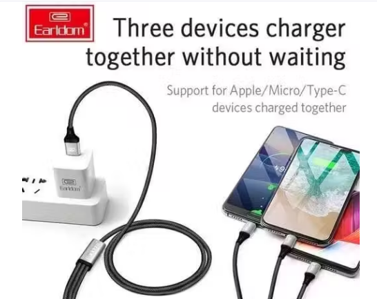 3-in-1 Nylon Braided Fast Charging Cable 1 Meter | Micro USB + Type-C + iOS Compatible | 3A Fast Charge & 100Mbps Data Transfer — Universal Phone Charging Cable (Pack of 1)