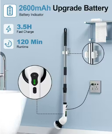 9-in-1 Electric Spin Scrubber with LED Display | Cordless Power Cleaning Brush with 8 Replaceable Heads & Adjustable Extension Handle | 2-Speed Electric Bathroom, Floor & Tile Scrubber — Multicolor (Free Size)