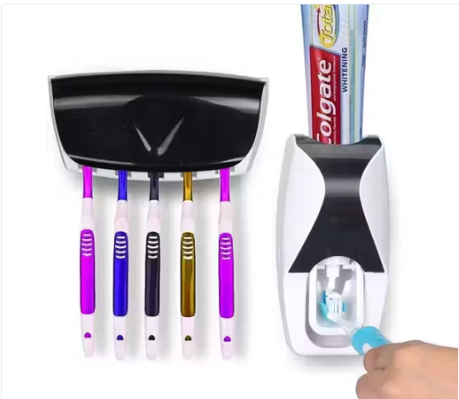Automatic Toothpaste Dispenser with Toothbrush Holder | Wall-Mounted Anti-Dust Family Bathroom Organizer | Holds 5 Brushes | No-Touch Squeeze Toothpaste Stand for Home & Kids — Multicolor (Pack of 1)