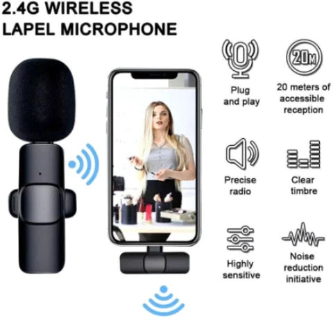 K8 2.4GHz Wireless Lavalier Microphone 2-in-1 | Mini Clip-On Digital Recording Mic | Type-C & Lightning Compatible | For Mobile, Camera & Laptop | Vlogging, Interviews & Live Streaming (Black)