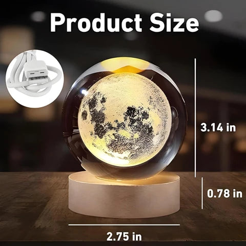 3D Crystal Moon Lamp | LED Night Light Crystal Ball with Wooden Base | USB Powered | Home Décor Gift for Her, Him & Couples
