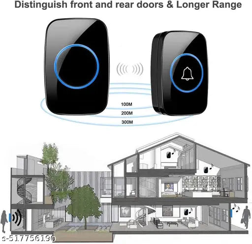 Wireless Doorbell Kit | Waterproof Door Bell with 1000 Feet Range | 60 Chime Tones & 5 Volume Levels | LED Flash Alert for Home, Office & Classroom — Black, Rechargeable (Free Size)