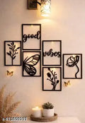 "Good Vibes" Wooden Wall Hanging Set | 5-Panel Botanical & Butterfly Wall Art Decor | Handcrafted MDF Wall Shelf Decor for Living Room, Bedroom, Balcony & Office — Black (Free Size)