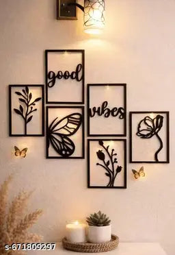 "Good Vibes" Wooden Wall Hanging Set | 5-Panel Botanical & Butterfly Wall Art Decor | Handcrafted MDF Wall Shelf Decor for Living Room, Bedroom, Balcony & Office — Black (Free Size)